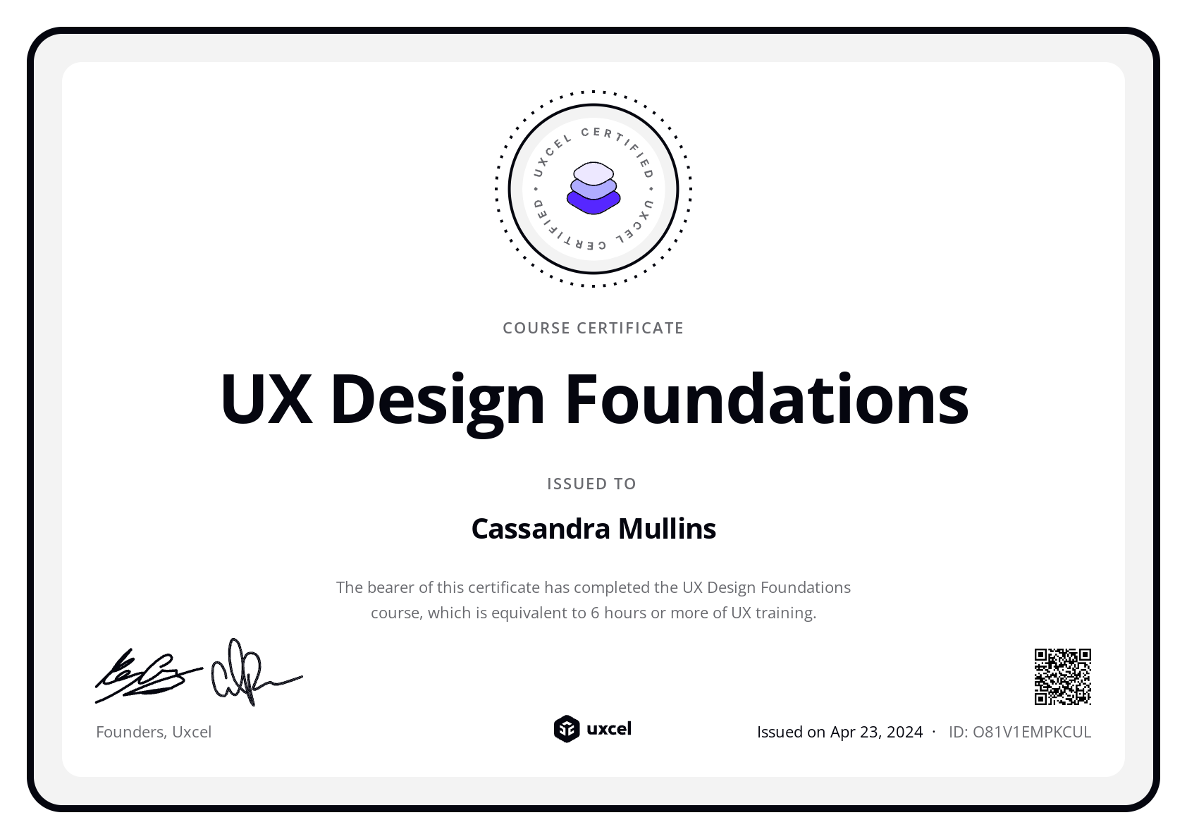Cassandra Mullins's certificate
